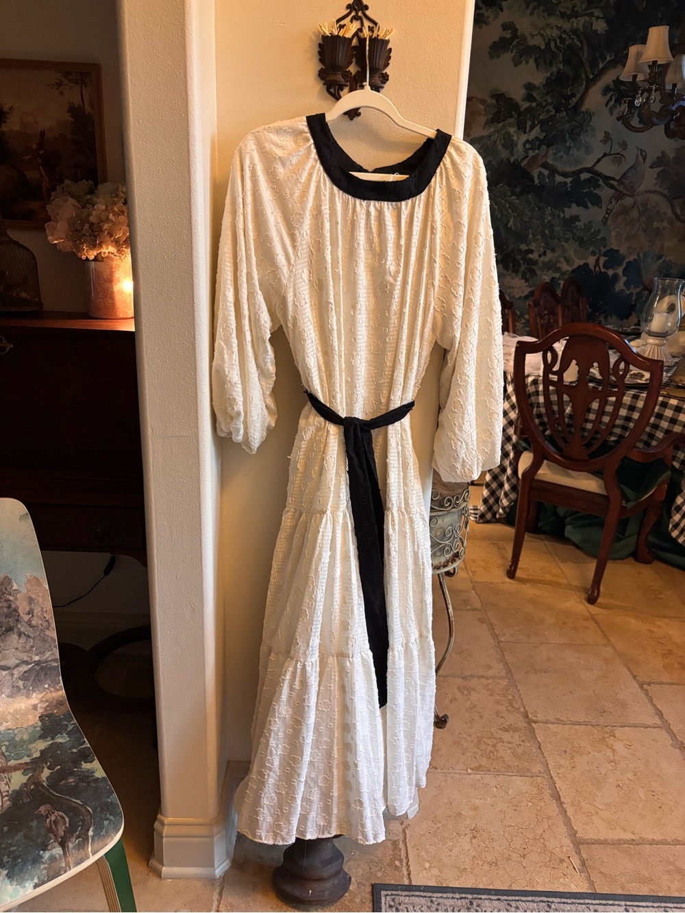 White Maxi Dress with Black Trim and Waist Tie nwot